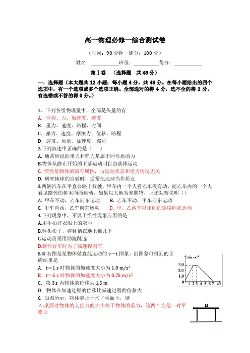 高中物理必修一综合测试试卷(含答案)