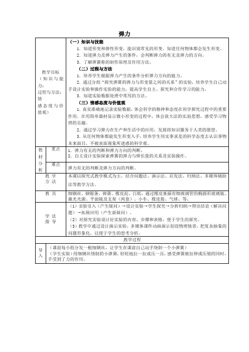 新人教版八年级物理下册第7章+第2节+弹力教案