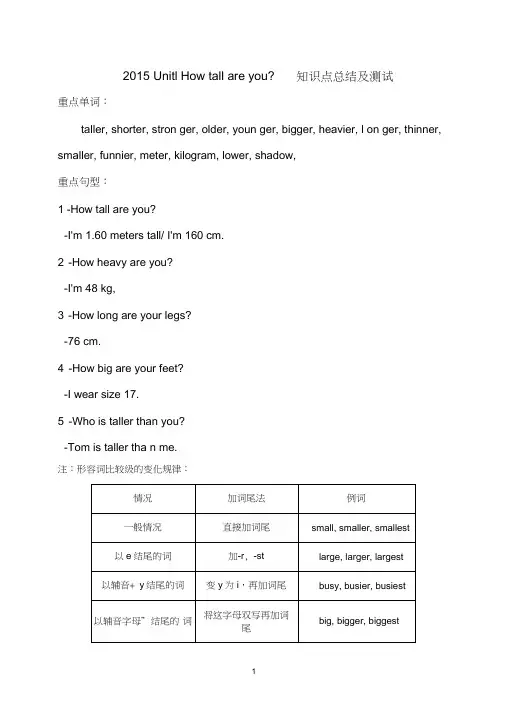 (完整版)2015年最新PEP六年级下册Unit1howtallareyou单元测试及知识点归纳,推