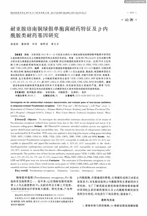 耐亚胺培南铜绿假单胞菌耐药特征及β-内酰胺类耐药基因研究