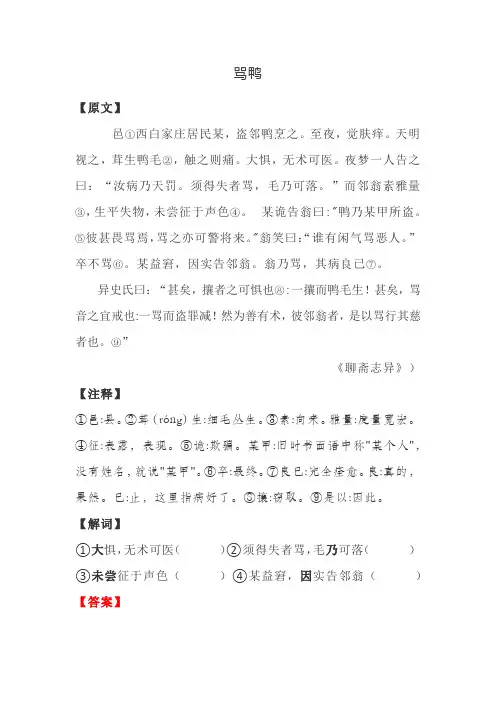 中学生文言文阅读练习之骂鸭(含答案)