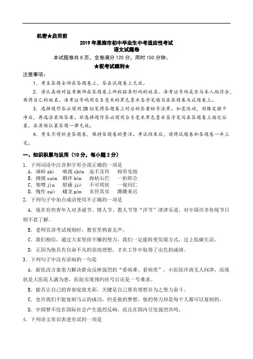 2019年湖北省恩施市初中毕业生中考适应性考试语文试题含答案