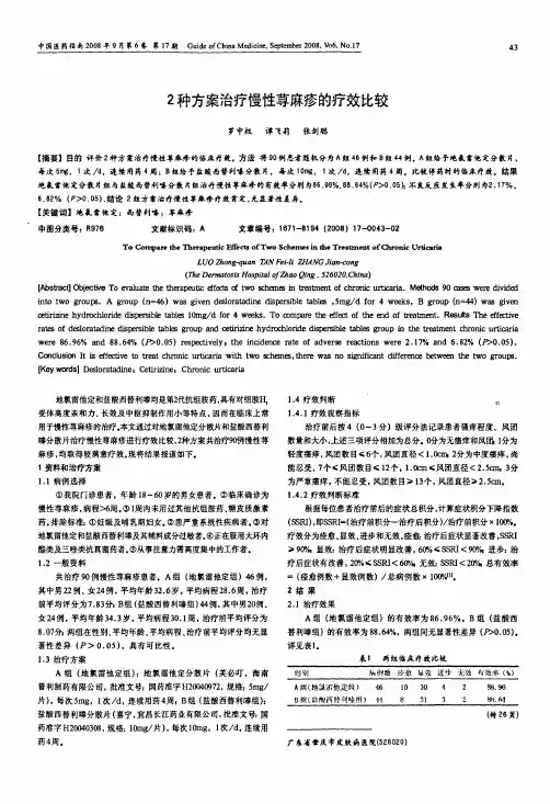 2种方案治疗慢性荨麻疹的疗效比较