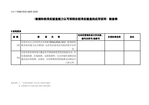 《检测和校准实验室能力认可准则在校准实验室的应用说明》核查表