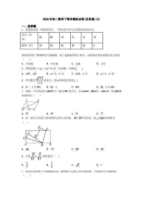 2020年初二数学下期末模拟试卷(及答案)(1)