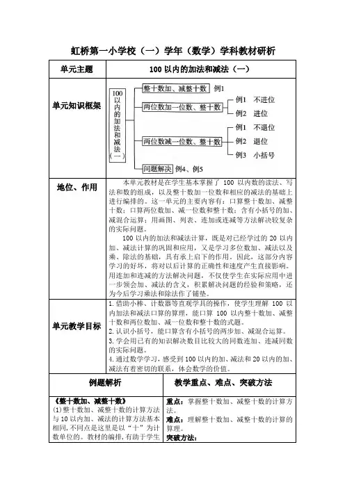 人教版数学一年级下册第六单元《100以内的加法和减法(一)》教材解析