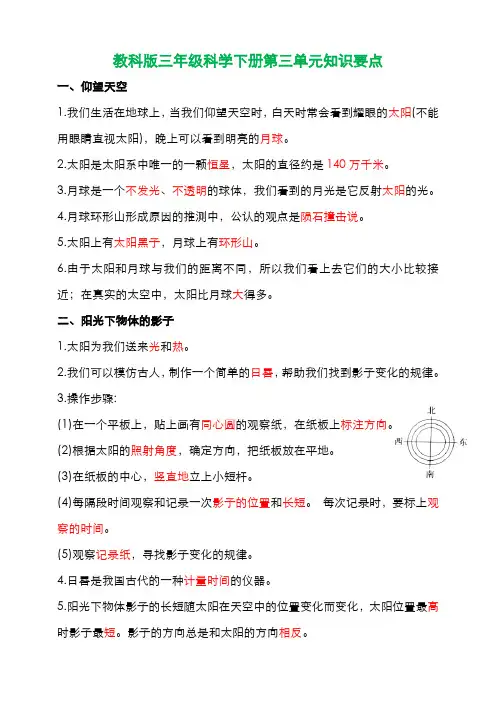 (教科版)小学科学三年级下册  第三单元《太阳、地球和月球》知识清单
