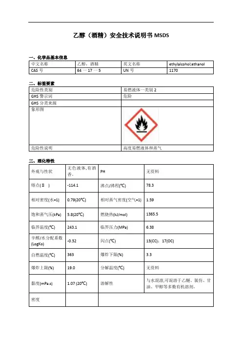 乙醇(酒精)安全技术说明书MSDS