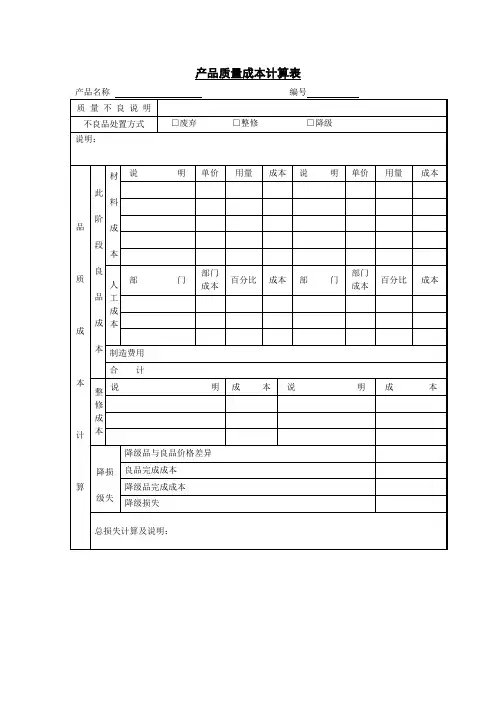 产品质量成本计算表表格模板、doc格式)