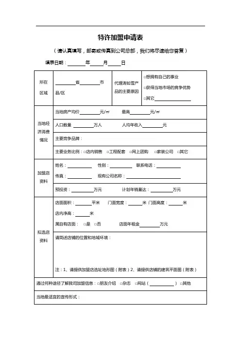特许加盟申请表