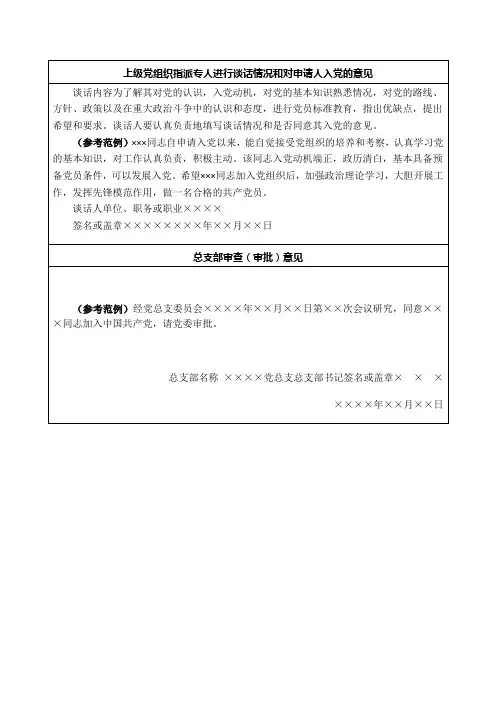 上级党组织指派专人进行谈话情况和对申请人入党的意见