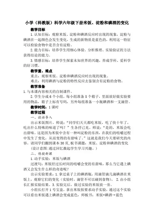6年级科学教案 米饭、淀粉和碘酒的变化-优胜奖