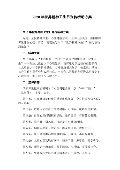 2020年世界精神卫生日宣传活动方案