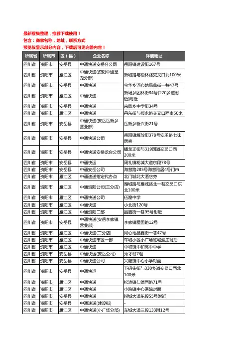 新版四川省资阳市中通快递企业公司商家户名录单联系方式地址大全28家