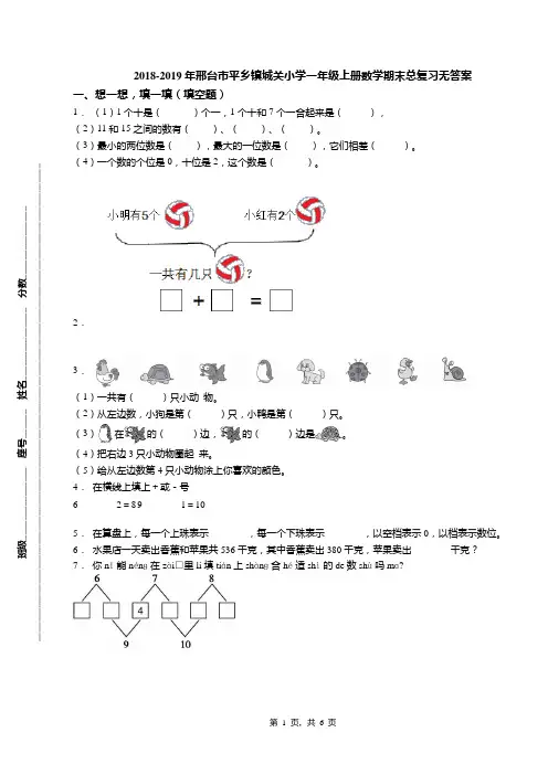 2018-2019年邢台市平乡镇城关小学一年级上册数学期末总复习无答案