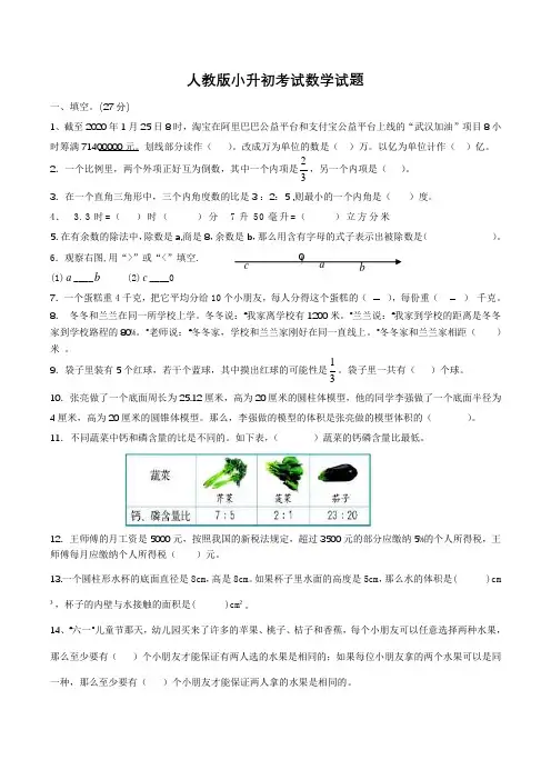 人教版数学六年级小升初考试卷(含答案)