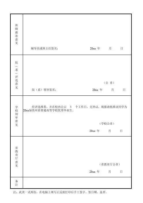xx省普通高等学校优秀毕业生登记表
