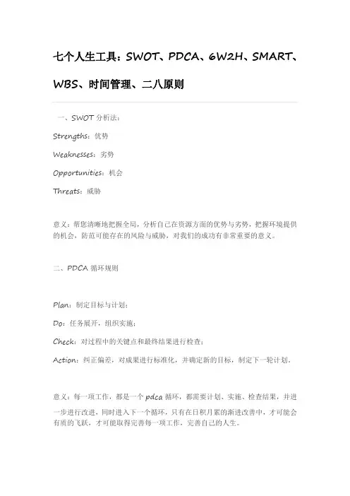 七个人生工具：SWOT、PDCA、6W2H、SMART、WBS、时间管理、二八原则