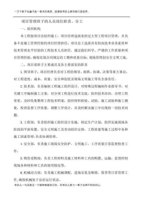 项目管理班子的人员岗位职责、分工