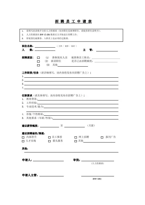 招聘员工申请表模板