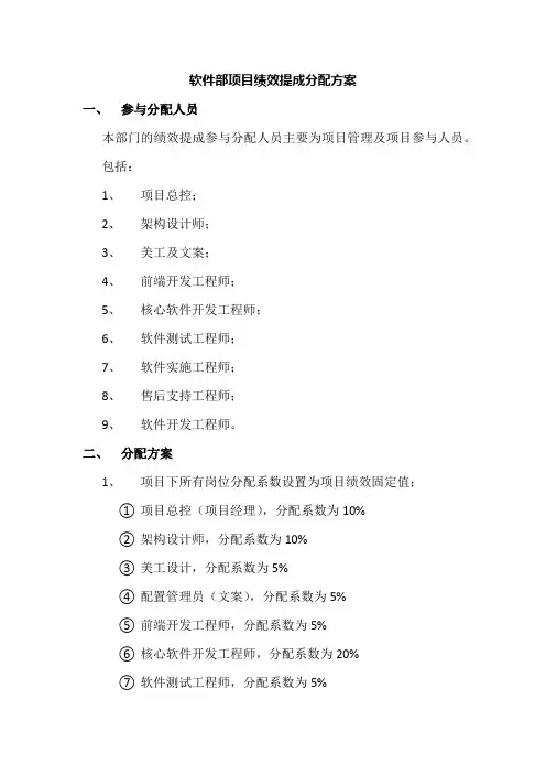 软件部项目绩效提成分配方案
