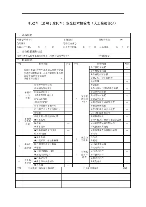 机动车(适用于摩托车)安全技术检验表(人工检验部分)