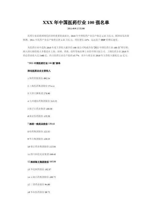 XXX年中国医药行业100强名单