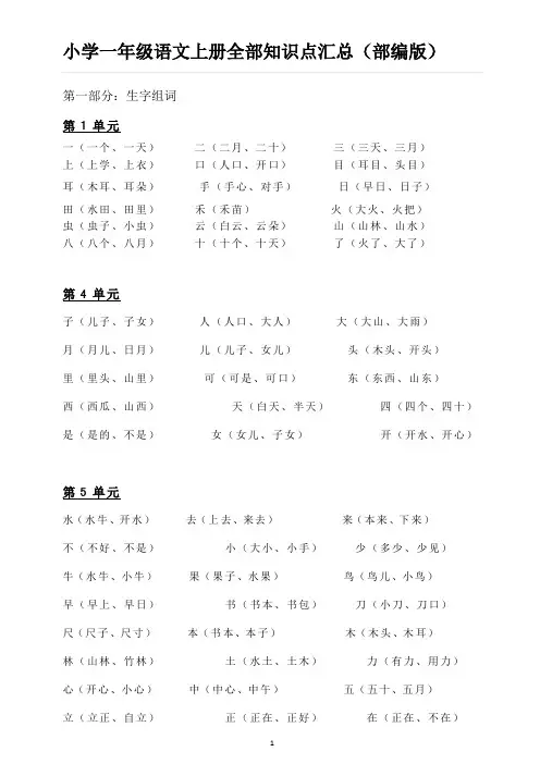 小学一年级语文上册全部知识点汇总(部编版)