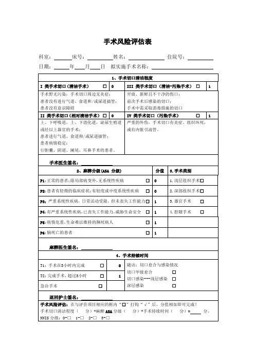 手术风险评估表 2