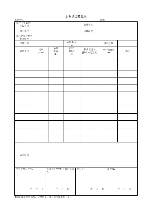 【工程表格模板】水泵试运转记录