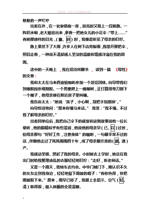 轻轻的一声叮咛阅读题及答案