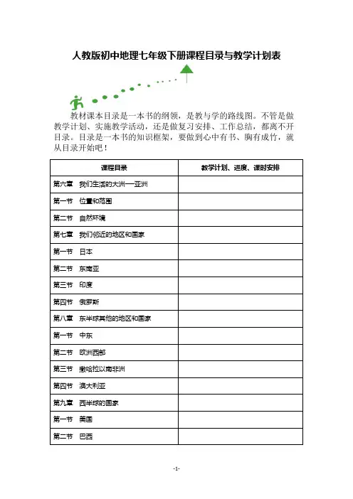 人教版初中地理七年级下册课程目录与教学计划表