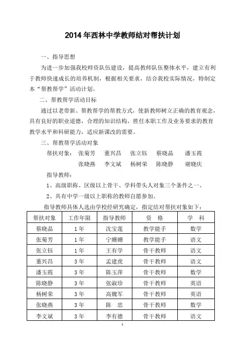 教师结对子帮扶计划
