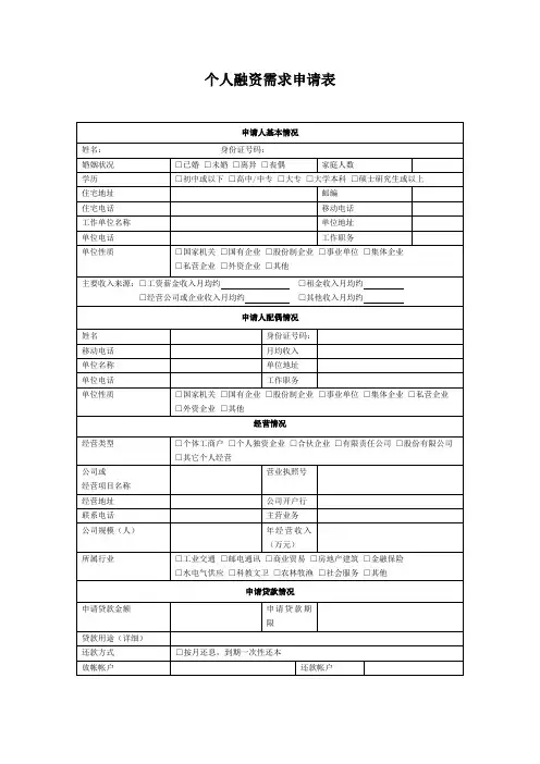 个人融资需求申请表