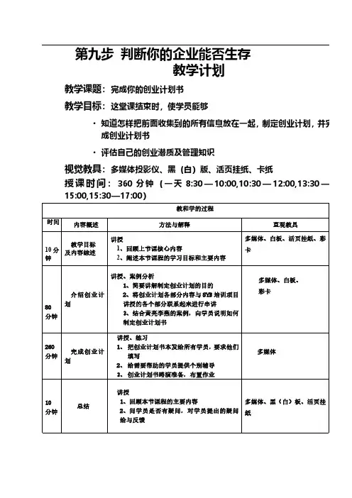 创业培训课程  第九步教学计划
