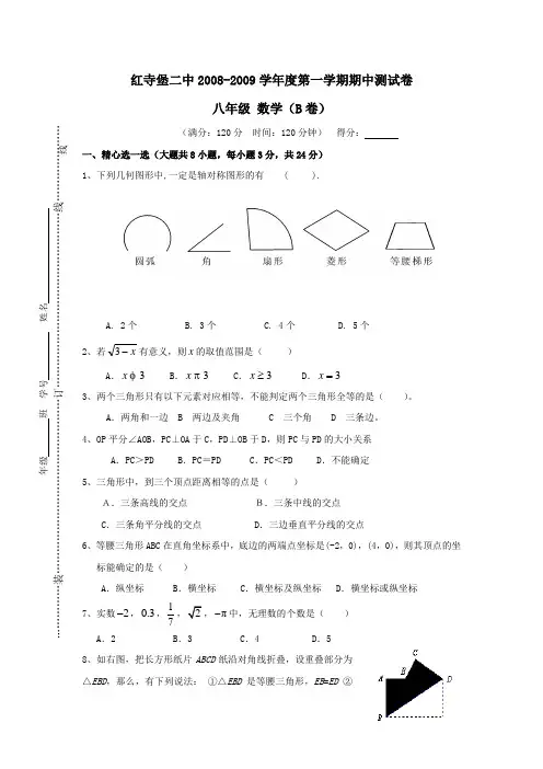 吴忠红寺堡二中08-09学年八年级上期中考试试卷B