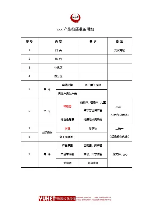 xxx产品拍摄准备明细