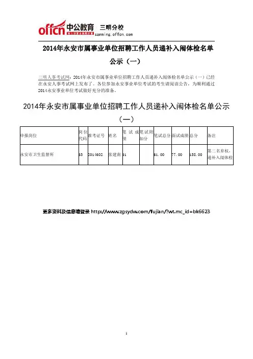 2014年永安市属事业单位招聘工作人员递补入闱体检名单公示(一)