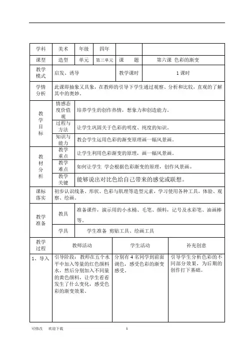 人教版四年级美术下册教案 《色彩的渐变》教学设计