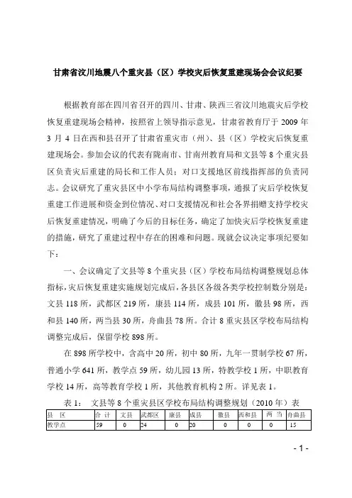 甘肃省汶川地震八个重灾县(区)学校灾后恢复重建现场会会