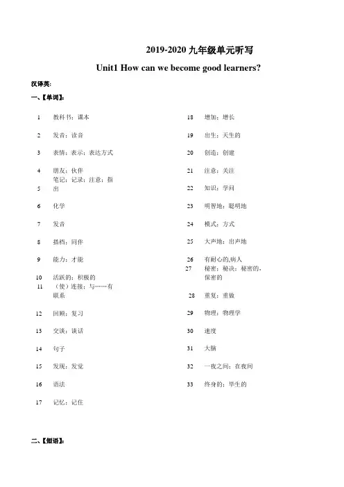 人教版2019-2020九年级英语上册 Unit 1 听写测试(汉译英)(含答案)