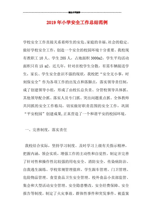 2019年小学安全工作总结范例