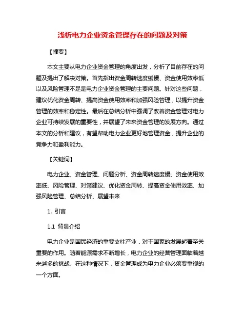 浅析电力企业资金管理存在的问题及对策