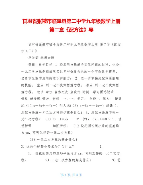 甘肃省张掖市临泽县第二中学九年级数学上册第二章《配方法》导