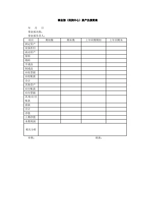 事业部(利润中心)资产负债简表