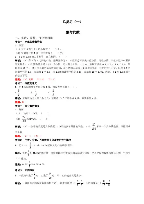 北师大版六年级数学下册总复习题及答案
