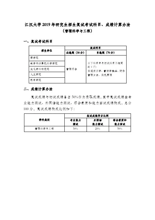 江汉大学复试考试科目、成绩计算办法(管理科学与工程)