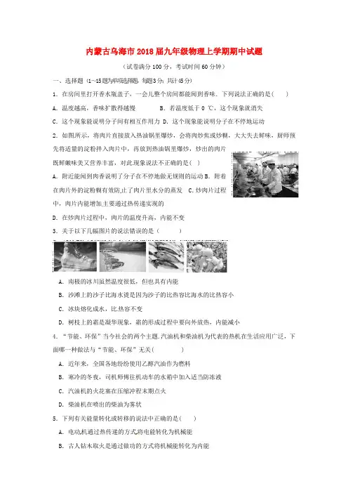 内蒙古乌海市2018届九年级物理上学期期中试题新人教版含答案