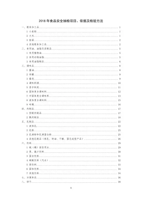 2018年食品安全抽检项目、依据及检验方法意见