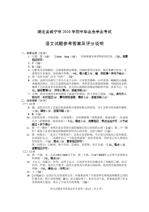 2010咸宁中考语文试题及答案